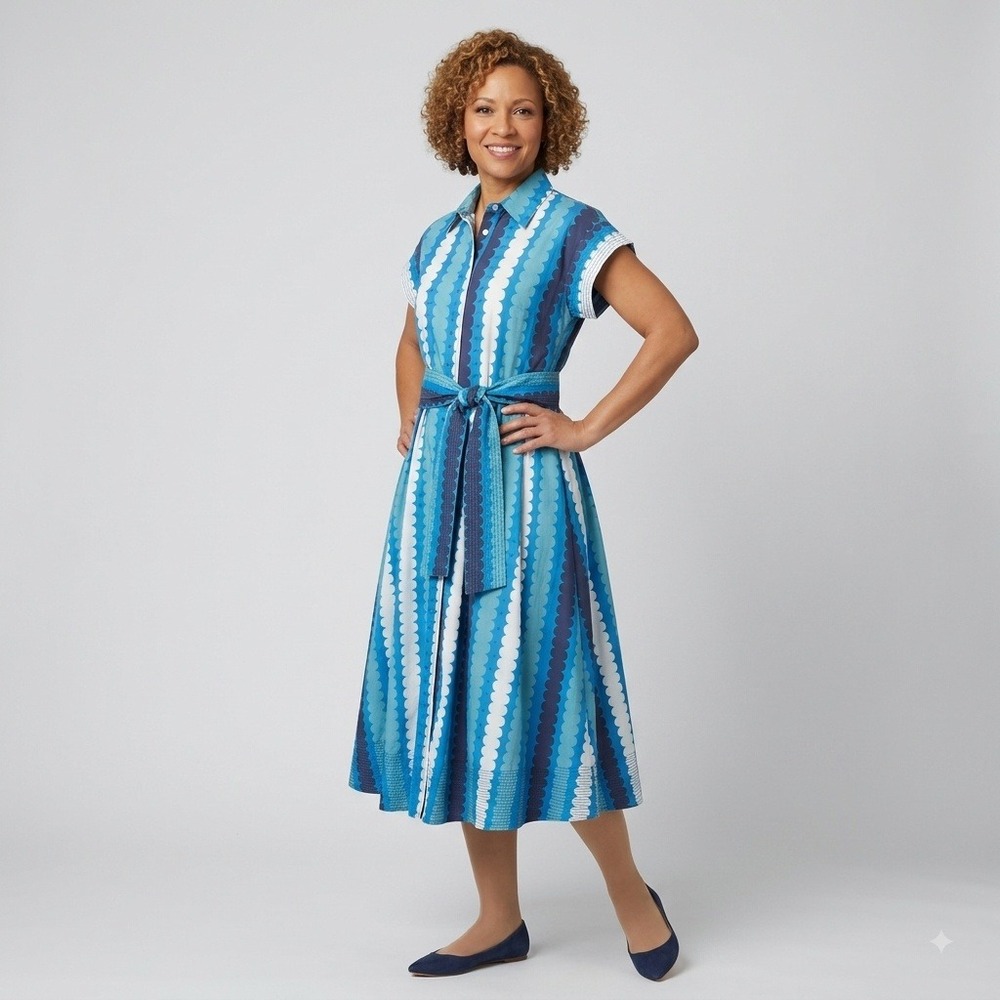 Oliphant Belted Midi Shirt Dress 100% Cotton Blue White Scallop Stripe Pocket XS